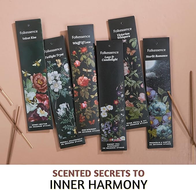 Folkulture Incense Sticks (120 Sticks) | Set of 6 Premium Romantic Incense for Valentine Day Aromatherapy Gifts| No Charcoal, Organic, Non Toxic, 45 Mins, Long Burning Rose, Honey, Oud Insence-Sticks