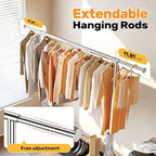 HOKEEPER Clothes Rack with Wood Shelves Height Adjustable Clothing Rack with Lockable Wheels 500LBS Portable Wooden Garment Closet for Bedroom, Living Room, Laundry, Balcony, Silver