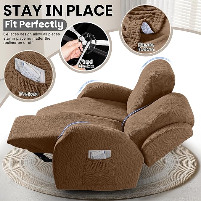 VANSOFY Recliner Loveseat Cover, 6-Pieces Stretch Dual Recliner Sofa Cover Soft Jacquard Reclining Couch Slipcover Furniture Protector with Elastic Bottom for Kid, Pets(2 Seat,Light Coffee)
