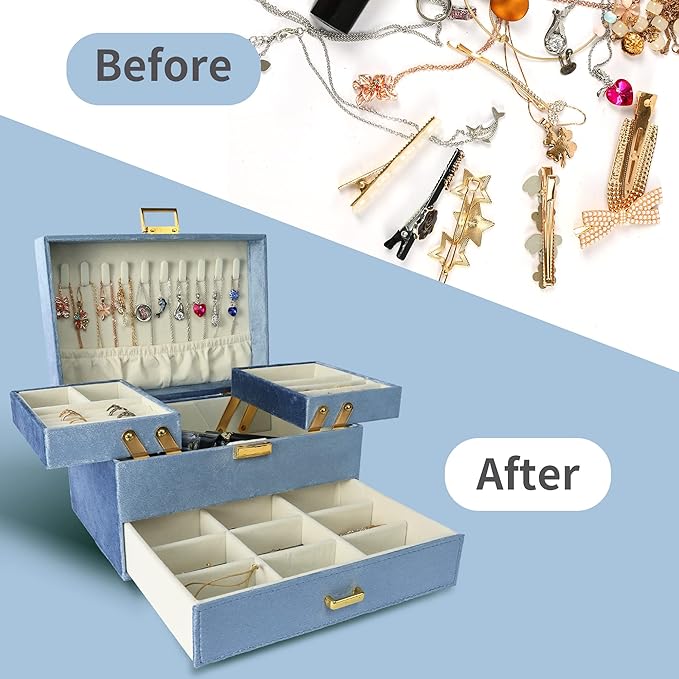 Dajasan Jewelry Organizer Box, Large Jewelry Boxes for Women Girls, Compact 3 Layers Jewelry Storage Case with Drawer, Gift Idea for Christmas, Valentine's Day, Birthday, Mother's Day (Blue)