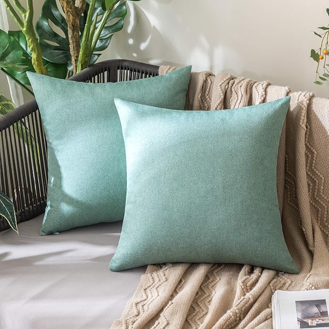 MIULEE Pack of 2 Decorative Outdoor Solid Waterproof Throw Pillow Covers Spring Euro Sham Faux Linen Garden Farmhouse Cushion Cases for Summer Patio Tent Balcony Couch Sofa 26x26 Inch Teal