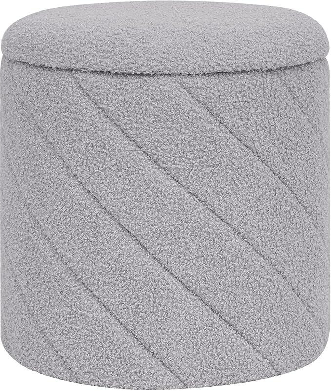 Round Ottoman with Storage, Boucle Foot Rest Stool with Reversible Tray Lid, Folding Teddy Ottoman Coffee Table for Dorm Living Room Bedroom Entryway, Grey,13" x 13" x 13.8"