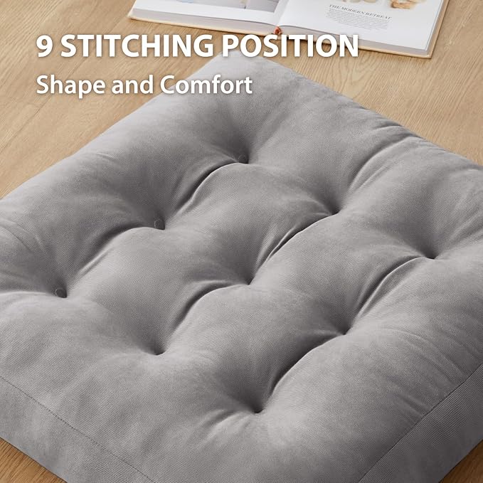Meditation Floor Pillow Set of 6, Square Large Pillows Seating for Adults, Meditation Cushion Pillow,Tufted Corduroy Cushion for Tatami Living Room or Yoga, Light Gray, 22x22 Inch