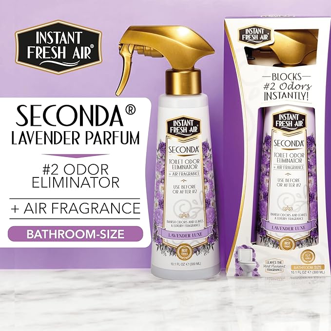 'Seconda' Toilet Spray - Bathroom Air Freshener & Toilet Bowl Odor Eliminator - For Home, Business, School - Bathroom Deodorizer Portable for Travel - Lavender Fragrance 10.1 fl oz.