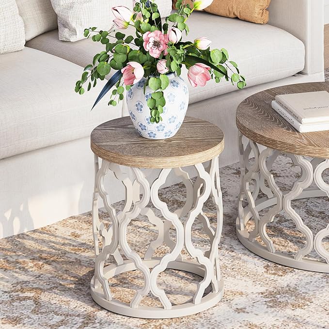 karlott Farmhouse End Table, 18.5'' French Country Round Side Table, Distressed Top Side Table with Curved Motif Frame Base for Boho, End Tables Living Room, Bedroom, Small Space, Easy Assembly