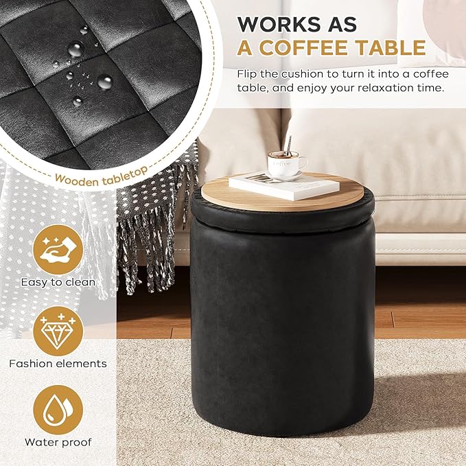 Round Ottoman with Storage Set of 2, 12.6" W x 14.17" H & 14.76" W x 17.32" H Faux Leather Storage Ottoman for Living Room Bedroom, Small Coffee Table Padded Ottoman, Black