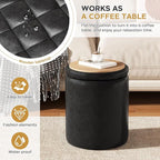Round Ottoman with Storage Set of 2, 12.6" W x 14.17" H & 14.76" W x 17.32" H Faux Leather Storage Ottoman for Living Room Bedroom, Small Coffee Table Padded Ottoman, Black