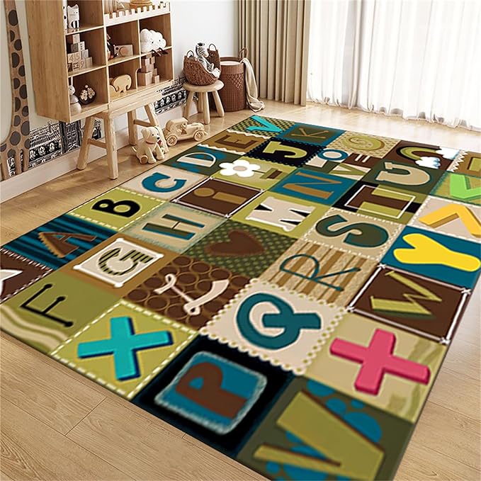 ABC Education Area Rug Children's Range of Rugs for Learning English Letters and Math Symbols Prints Retro Multicolor Patchwork Carpet Kids Gaming Throw Rugs for Nursery Dorm Classroom, 3x5ft