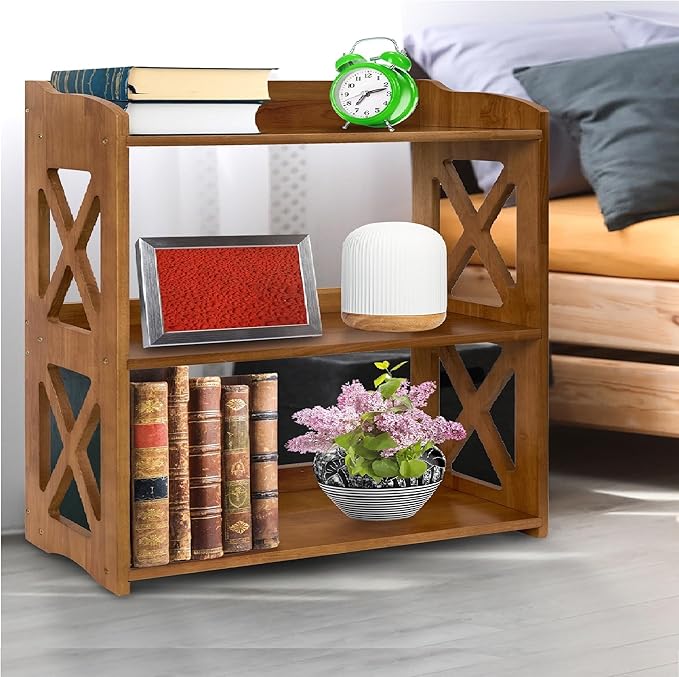 Brown Bookcase by Natural Wood, 4 Tier Bookshelf, Small Book Shelves Freestanding Display Storage Shelves. Open Bookshelf for Bedroom, Living Room and Office (Brown, 3 Tier)