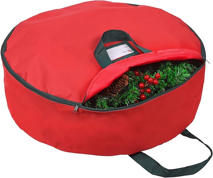 Primode Heavy Duty Christmas Wreath Storage Bag 24"- Garland Wreaths Container with Handles - Durable 600D Oxford Polyester Material Holiday Wreaths Storage Holder 24” (Red)