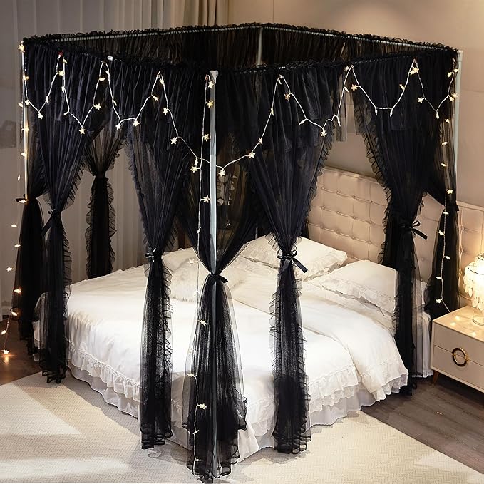 4 Corners Post Princess Curtains Bed Canopy for Girls 8 Panels Curtain- Double Layer Sheer Mesh Canopies Drapes Girls Room Decor (8P-Black/Black, 4P(27"x82") W+4P(40"x82") L/(Full))