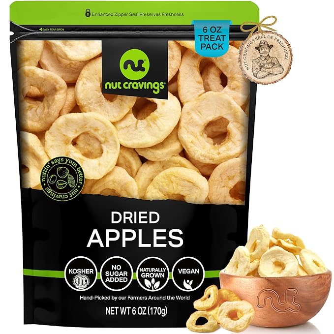 NUT CRAVINGS - Dried Apple Rings Slices, No Sugar Added - Chewy Soft Texture (6oz, 1 Pack) Tu Bishvat Favorite - Sweet Healthy Snack, Vegan, Kosher, Resealable Bag