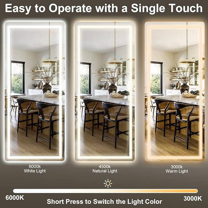 GLSLAND 34x76 inch Full Length Mirror with Lights - LED Full Body Mirrors Stepless Dimmable 3 Color Lighting Floor Standing Hanging for Bedroom Cloakroom,White