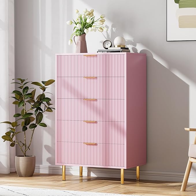 GarveeHome 5 Drawer Dresser for Bedroom, Modern Pink Dresser with Gold Handle and Large Drawer, Wood Double Chest of Drawers and Storage Organizer for Living Room, Hallway, Entryway