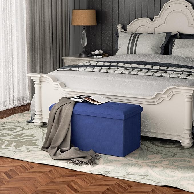 MoNiBloom 30 Inch Storage Ottoman Bench, Rectangle End of Bed Bench, Storage Padded Seat, Linen Fabric Ottoman Footrest for Living Room, Bedroom, Entryway, Navy Blue