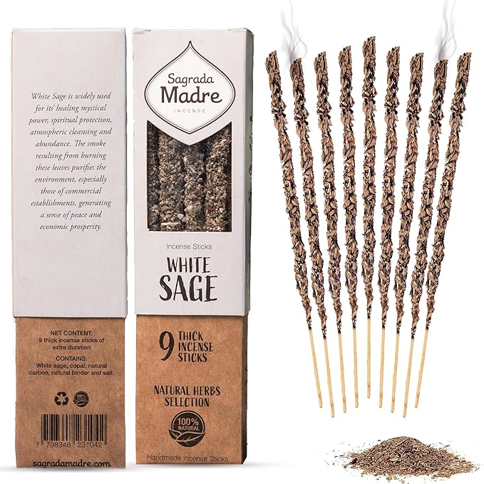 Sagrada Madre 9 pcs Wildly Harvested - White Sage Incense Sticks, 7" Long - Thick Aromatic Incense Sticks (45-55 min Burning Time) to Neutralize Negative Energies & Harmonizing Spaces -Pack x 3