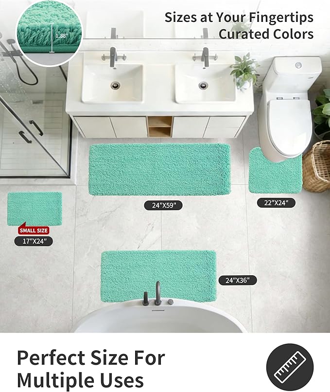 ILANGO Spa Blue Bathroom Rugs 24" × 17" Small Non Slip & Super Absorbent Extra Thick Soft, Washable Bath Mat for Floor, Microfiber Plush Shaggy Bath Rug with Rubber for Bathtub Shower Room Sink