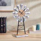 MODE HOME Rustic Windmill Table Clock for Living Room Decor, Vintage Galvanized Metal & Wood Desk Clock with Silent Quartz Movement, Farmhouse Windmill Decor for Living Room, Mantel, Shelf & Office