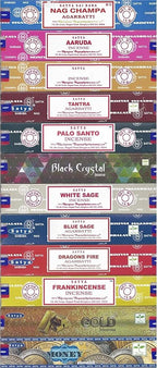 Satya Bangalore (BNG) Set of 12 Nag Champa Money Gold Black Crystal Aaruda Palo Santo White Sage Frank Tantra Blue Sage Dragon's Fire, VarietyPack04