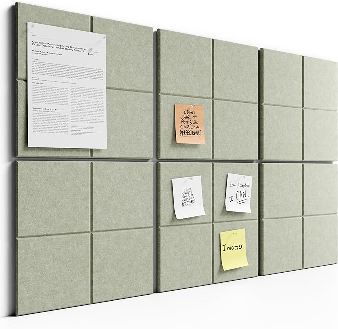 Bumusty Large Felt Bulletin Board, 36" x 24" Cork Board Alternative, 6-Pack Wall Tiles with 4-Compartment Design, 30 Push Pins, 40 Adhesive Tabs, Ideal for Office & Home Decor, Sage