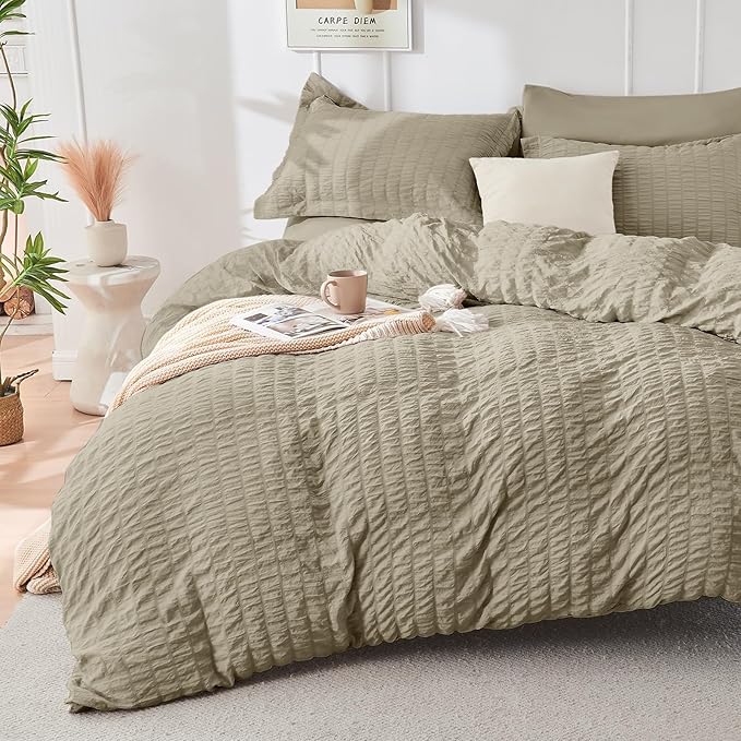 HYMOKEGE Linen California King Comforter Set Seersucker 7 Pieces, All Season Luxury Bed in a Bag for Bedroom, Bedding Set with Comforter, Sheets, Pillowcases & Shams