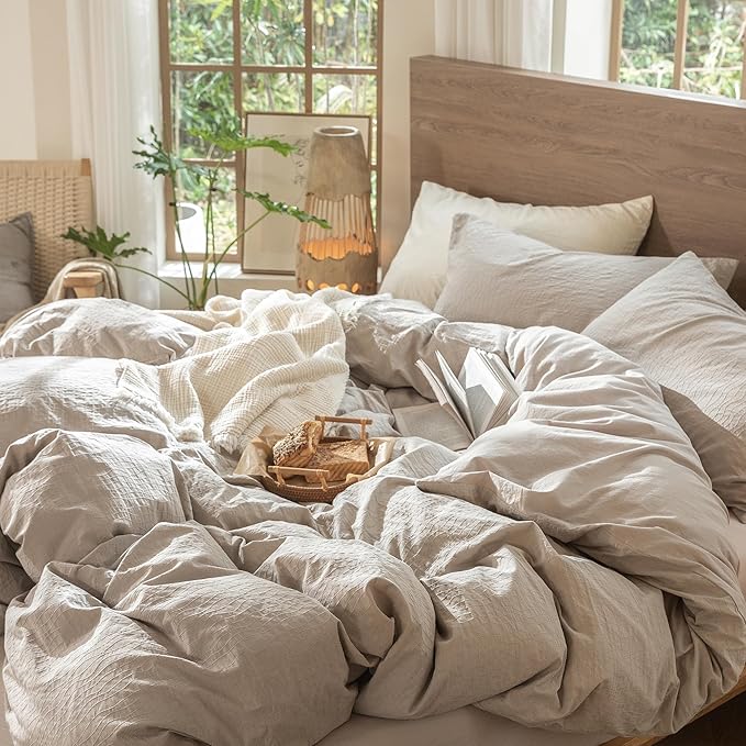 MooMee Wavy Striped Duvet Cover Set 100% Washed Cotton Linen Like Textured Breathable Durable Soft Comfy (Beige, Full 80"x90")