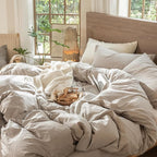 MooMee Wavy Striped Duvet Cover Set 100% Washed Cotton Linen Like Textured Breathable Durable Soft Comfy (Beige, Queen 90"x90")