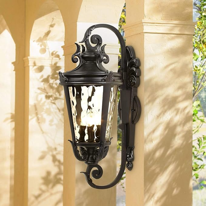 John Timberland Marseille Rustic Vintage Outdoor Wall Light Fixture Textured Black Scroll 27 1/2" Hammered Glass for Exterior House Porch Patio Outside Deck Garage Yard Front Door Garden Home