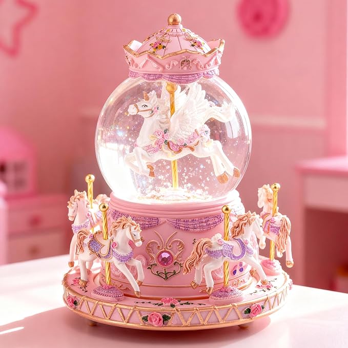 Music Box Unicorn Carousel Horses Snow Globe Gifts, Birthday Gift for Daughter Girls Women, Musical Carousel for Wife Friend Sister Anniversary Christmas Play You are My Sunshine
