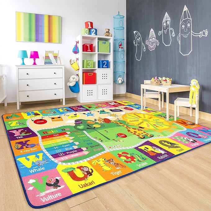 Chicrug Educational 3x5 Kids Area Rug for Playroom, TPR Non Slip Kids Classroom Carpet Rug for Learning ABC Animal, Shape Color Fruit, Washable Play Mat Rug for Children Nursery Toddler Room Decor