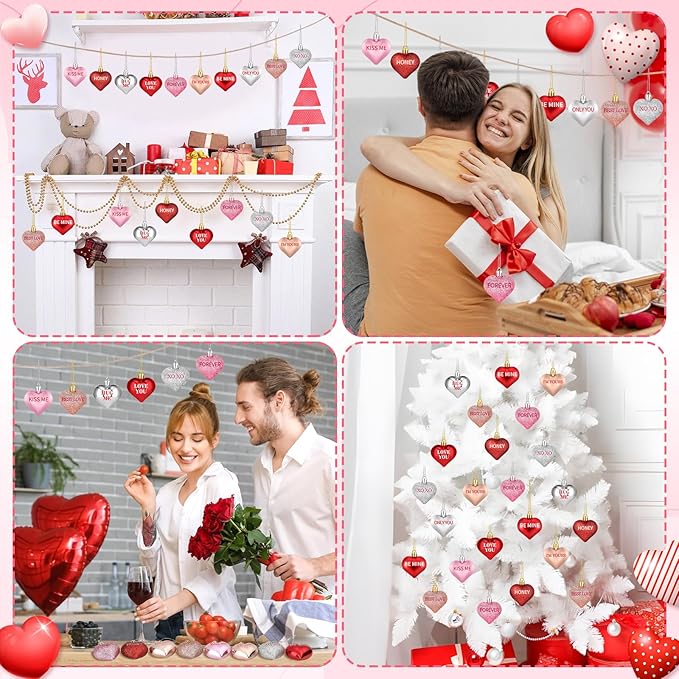 30Pcs Valentine's Day Heart Shaped Ornaments with Sweet Love Words, 10 Styles Valentine Heart Ornaments for Tree, Red Pink Glitter Valentine's Hanging Decorations for Wedding Anniversary