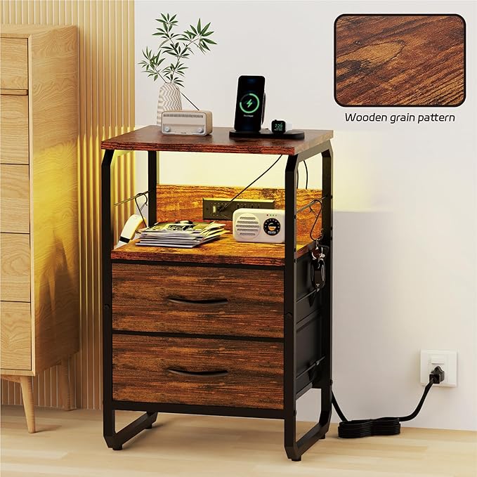 LED Nightstand, Bed Side Table with Storage, End Table with Drawers & Hooks, Bedside Table with Charging Station, AC Outlets, USB C Ports, Rustic Brown Night Stand Table for Living Room, Dorm