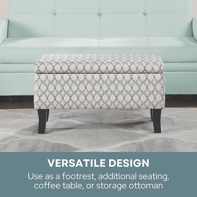 Convenience Concepts Designs4Comfort Winslow Storage Ottoman Bench 32" - Transitional Upholstered Footstool & Seat, for Living Room, Entryway, Hallway, & Bedroom, Ribbon Pattern Fabric