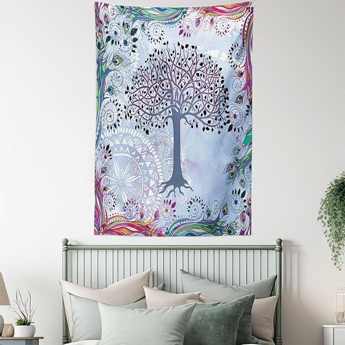 Ambesonne Nature Tapestry, Tree of Life Motif Peacock Feathers Tribal Vintage Prehistoric Flora Illustration, Wall Hanging for Bedroom Living Room Dorm Decor, 60" X 80", Blue