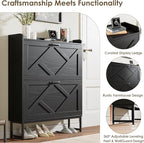Nicetree Shoe Storage Cabinet with 2 Flip Drawers, Freestanding Shoe Organizer, Shoe Cabinet with Metal Legs, Narrow Shoe Rack Cabinet, Farmhouse Slim Shoe Cabinet for Entryway, Foyer, Hallway, Black