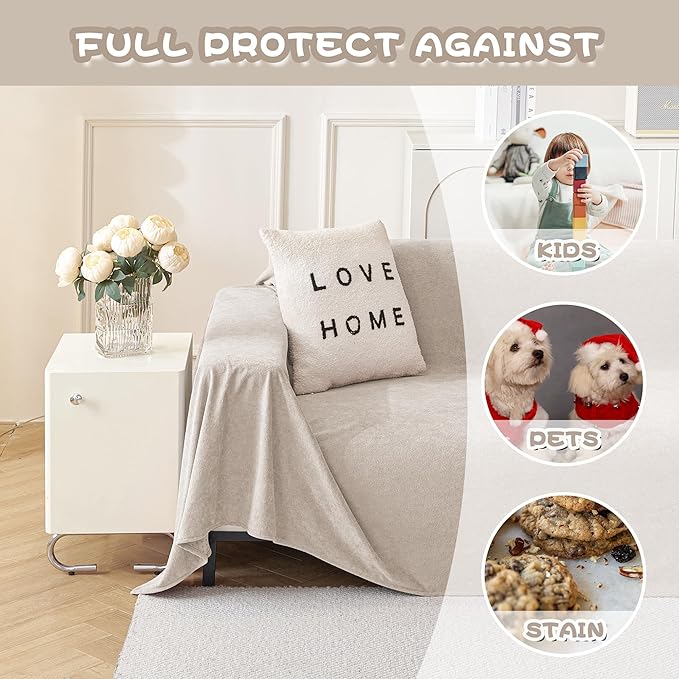 MYSKY HOME Couch Cover Sofa Covers for 3 Cushion Couch, Ultra - Soft Dog Couch Covers Protector for Sectional Sofa, Non Slip Sofa Slipcover Furniture Protector for Pet, 91" x 118", Oat