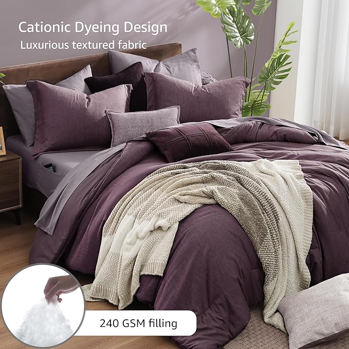 Monbix California King Comforter Set - 7 Pieces Cationic Dyeing Italian Plum Bed in a Bag Cal King Bed Sets with Comforter, Sheets, Pillowcases & Shams, Reversible Bedding Comforters Sets