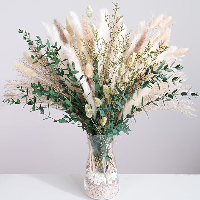 Green Pampas Grass Bouquet – Boho Home & Wedding Floral Arrangements – Dried Pampas Grass Decor for Living Room, Fireplace, and Modern Farmhouse