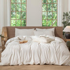 MooMee Striped Duvet Cover Set 100% Washed Cotton Linen Like Textured Breathable Durable Soft Comfy (White Almond Milk Grey Wide Stripes, Cal King 104"x98")
