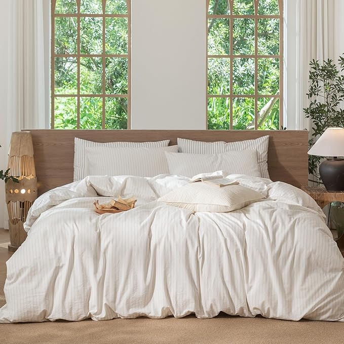 MooMee Striped Duvet Cover Set 100% Washed Cotton Linen Like Textured Breathable Durable Soft Comfy (White Almond Milk Grey Wide Stripes, Oversized Full 82"x86")