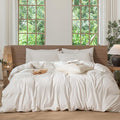 MooMee Striped Duvet Cover Set 100% Washed Cotton Linen Like Textured Breathable Durable Soft Comfy (White Almond Milk Grey Wide Stripes, Super King Plus 120"x120")
