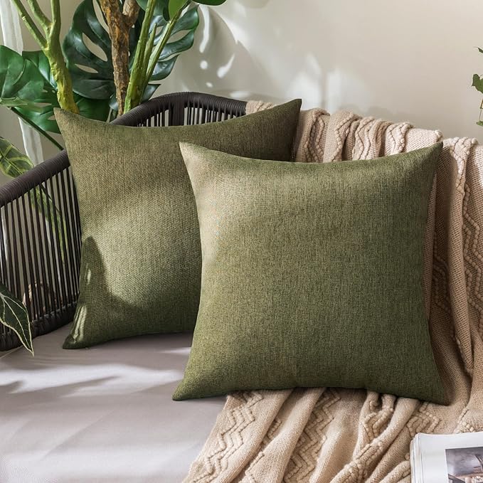 MIULEE Pack of 2 Decorative Outdoor Solid Waterproof Throw Pillow Covers Spring Faux Linen Garden Farmhouse Cushion Cases for Patio Tent Balcony Couch Sofa 16x16 Inch Olive Green