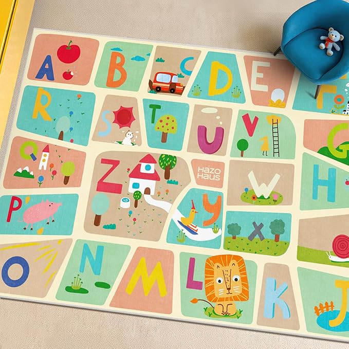 Huge ABC Alphabet Classroom Rugs Elementary – 9x12 School Rug for Kids Play, Washable & Wipeable Large Floor Carpet, Soft & Non Skid Design with Educational Letters and Whimsical Cartoon Art Decor