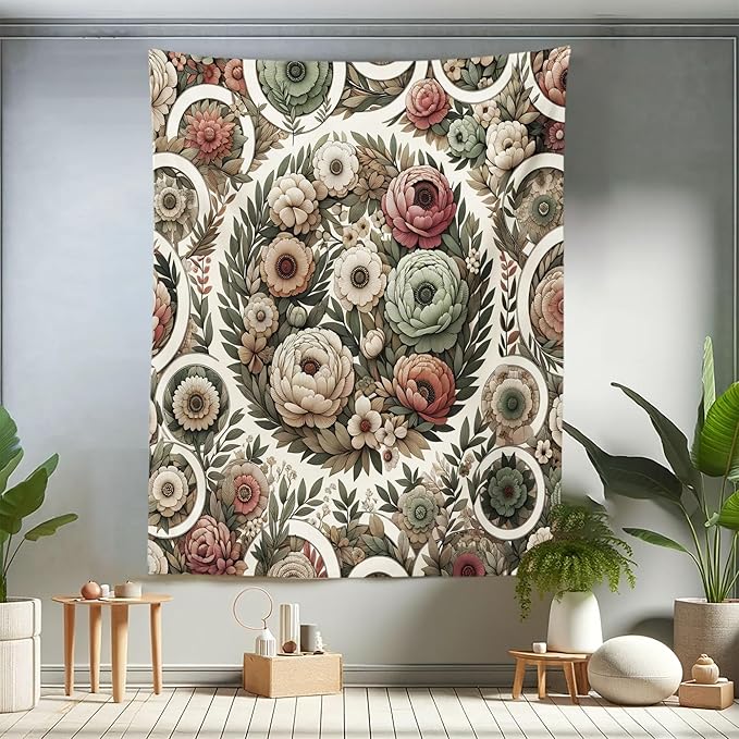 Ambesonne Flower Tapestry Twin Size, Circular Floral Wreath with Greenery Leaves Ornaments Modern Cottagecore, Wall Hanging Bedspread Bed Cover Wall Decor, 68" X 88", Reseda Green Pale Ruby