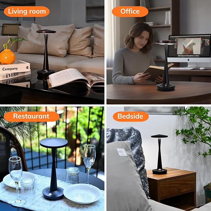 LED Cordless Table Lamps Rechargeable - Outdoor Battery Operated Portable Table Light 3 Color Stepless Dimming Tables Lamp with Memory Function, IP54 Waterproof for Patio Restaurant Dining (Black)