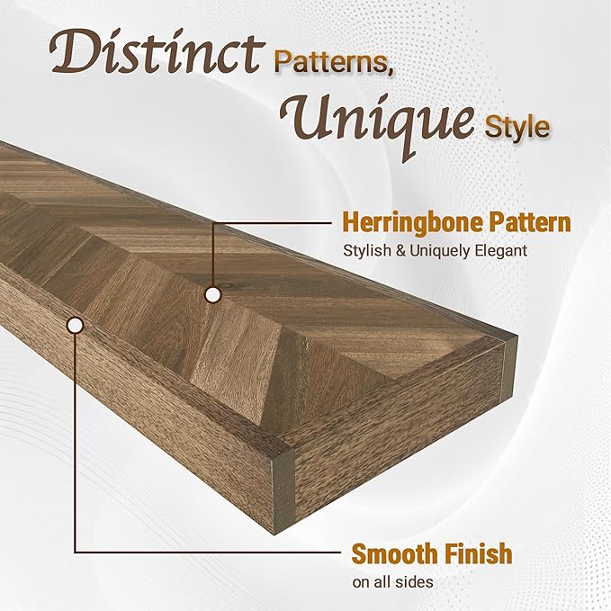 24" Acacia Chevron Floating Shelves Set of 2 - Wall Mounted Wooden Shelf for Stylish Home Décor - Walnut Color - 24x6.7x1.5 Inches