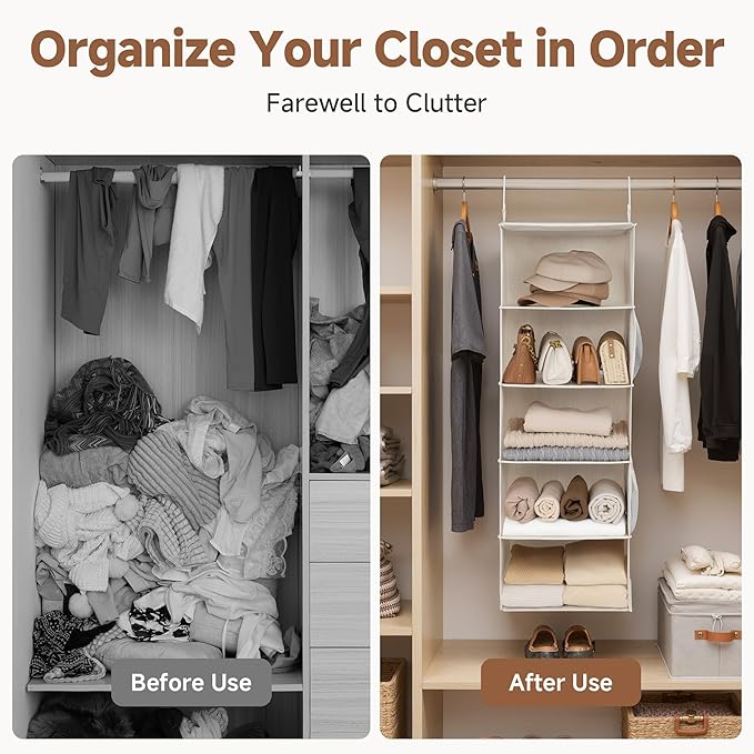StorageWorks 5-Shelf Hanging Closet Organizers, Foldable Closet Storage Organizer with 2 Side Pockets, Portable Hanging Shelves for Clothes, Sweater, 13" D x 15" W x 47 ¾" H, White & Ivory