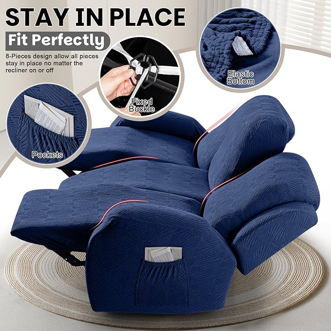 VANSOFY Recliner Couch Cover, 8-Pieces Stretch Recliner Sofa Cover Soft Jacquard Reclining Slipcover Furniture Protector with Elastic Bottom for Kid, Pets(3 Seat,Dark Blue)