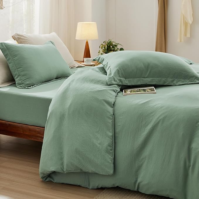 Bedsure Duvet Cover King Size with Fitted Sheet - 4 Pieces Prewashed Cotton-Like Extra Soft Bedding Set, Includes 1 Duvet Cover 104x90 Inches, 2 Pillow Shams, 1 Fitted Sheet, Sage Green