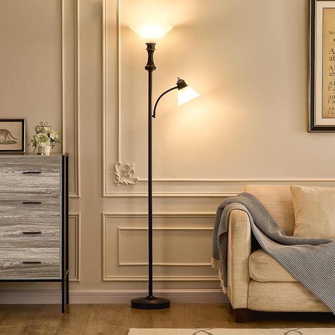 71'' Torchiere Floor Lamps for Living Room, Tall Floor Lamp for Bedroom with Adjustable Angle Arc Reading lamp, Modern Standing lamp with Glass Shade, Knob Switch, Bulb Included, Black